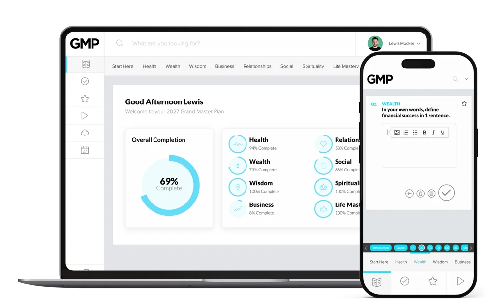 Grand Master Plan life planning software on a laptop and phone
