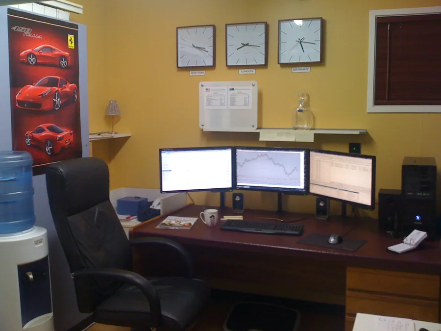 Lewis's trading desk in 2010, with 3 screens
