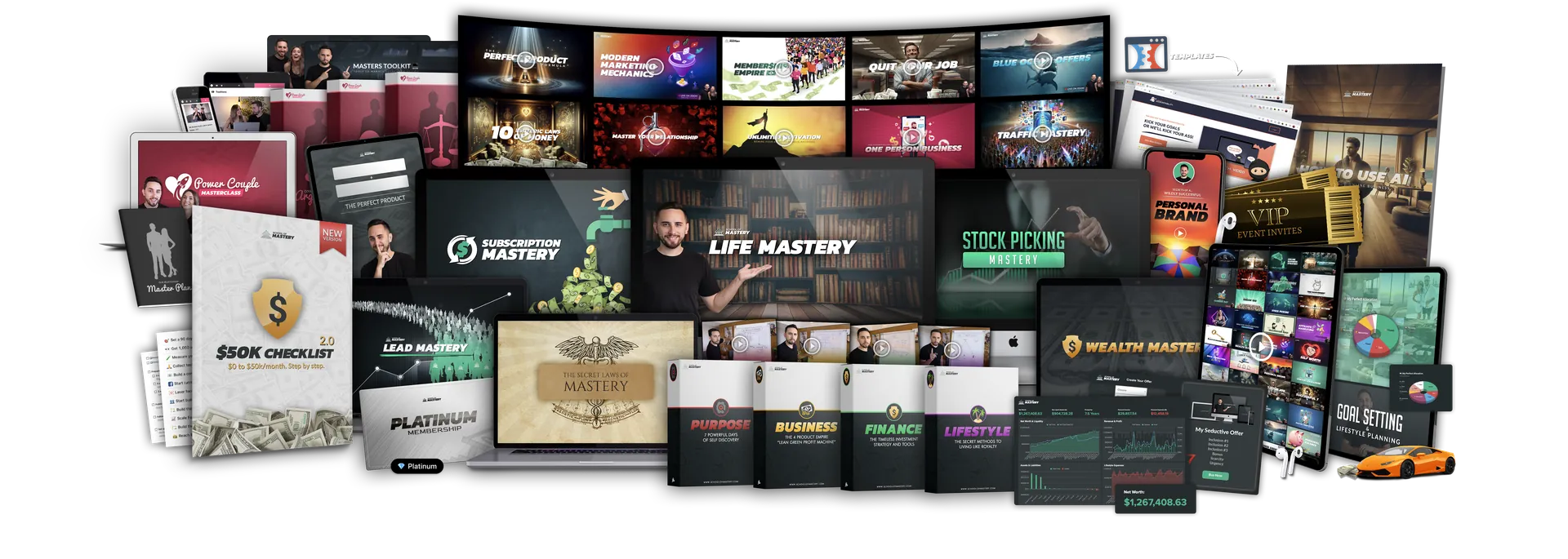 Everything Lewis has built for his members: School of Mastery classes, coaching, community and software on laptops, tablets and phones