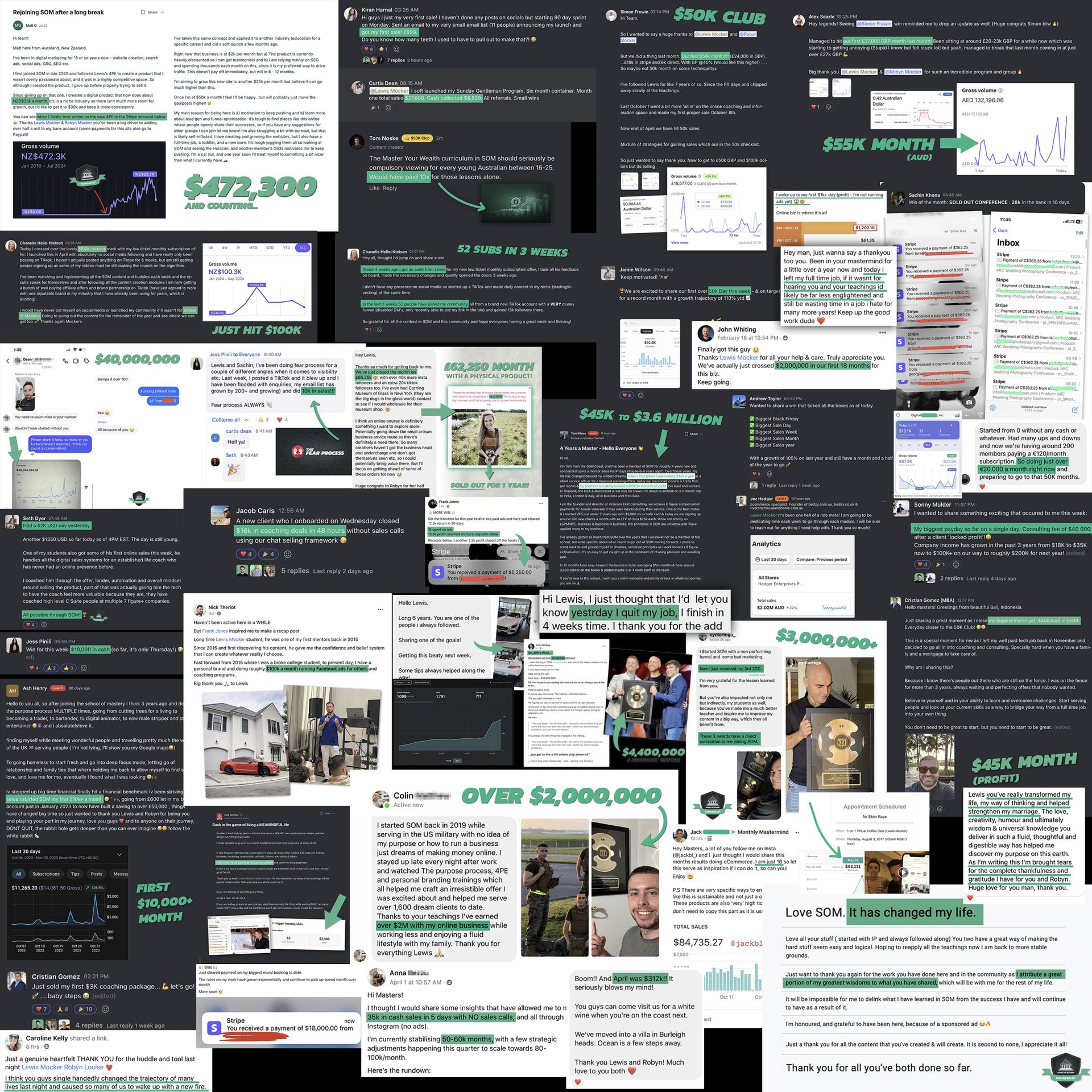 School of Mastery Results Wall — $400M+ in documented member results